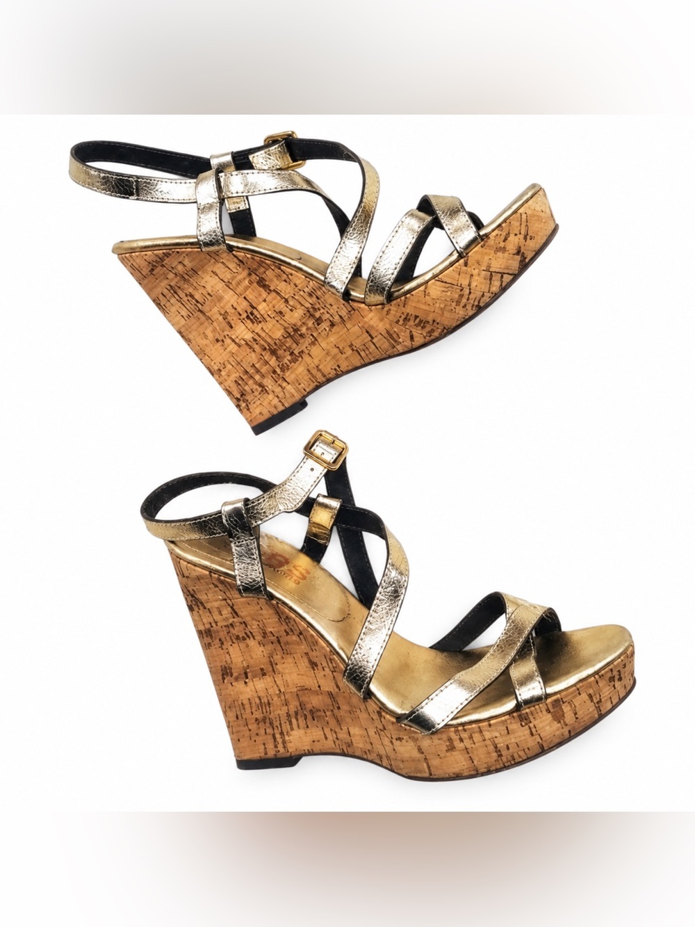 Michael Kors Gold Leather Wood Wedge Sandals | Platform Heels | Size 10